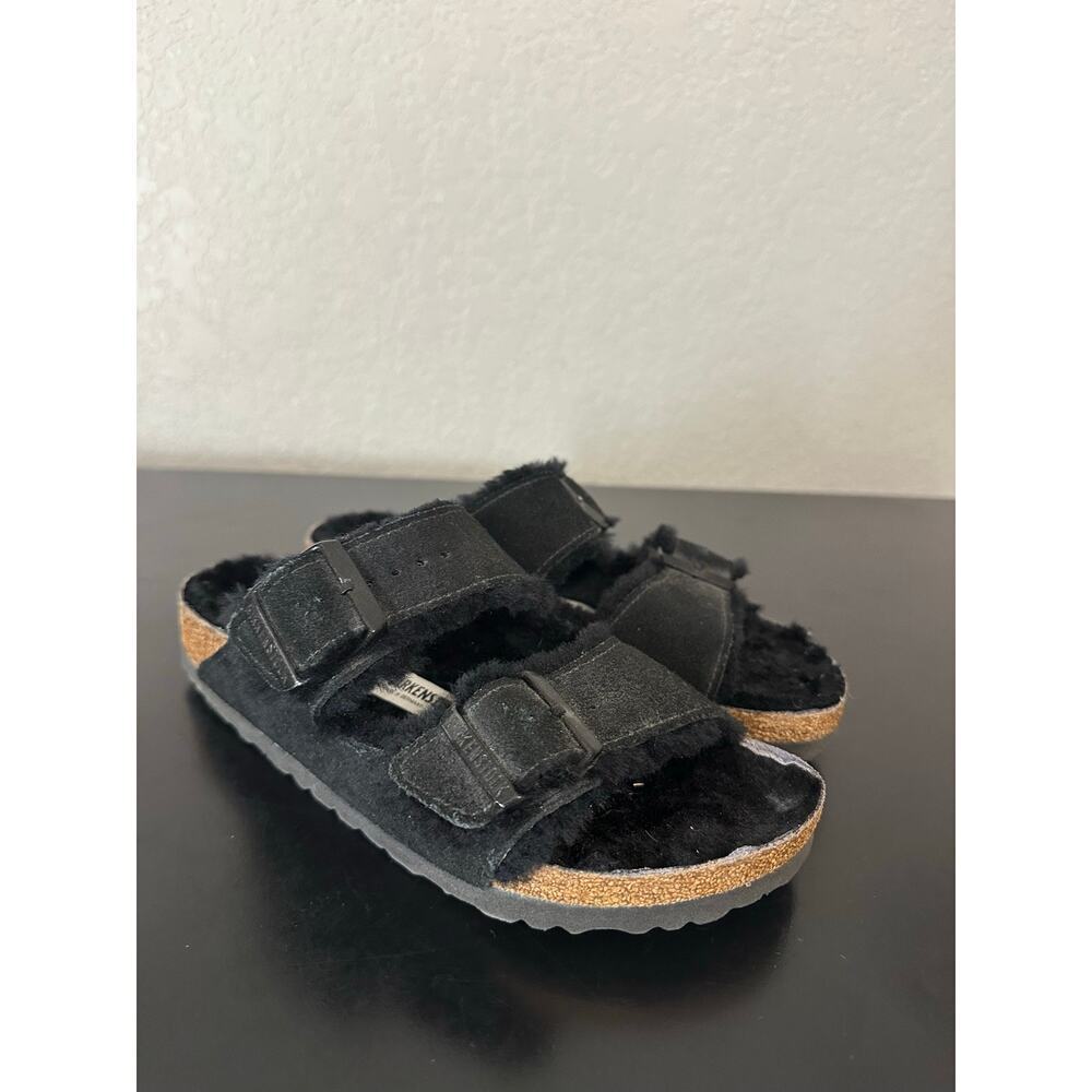 Birkenstock Arizona Size 7 38 Black Suede Shearling Sandals Women’s Fur Lined